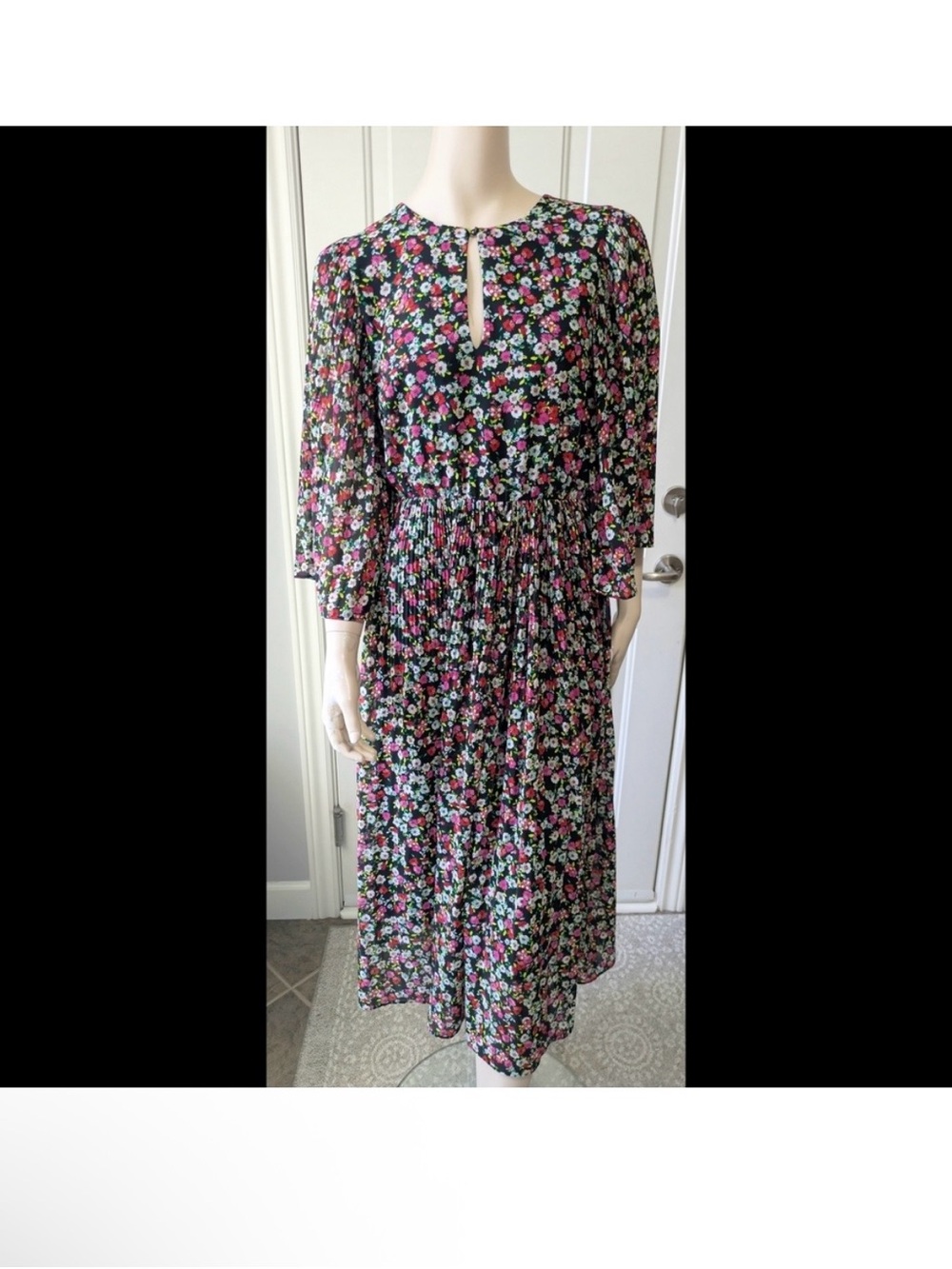 H&M Black Floral Long-Sleeve Midi Dress with Pink & Green Blooms - Picture 2 of 6